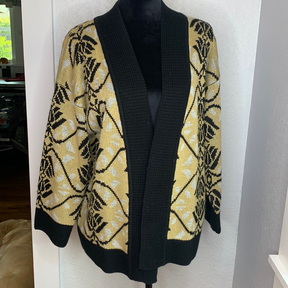 BFA Classics Jacquard Open Front Knit Cardigan Sweater Tan Black Vintage 80s